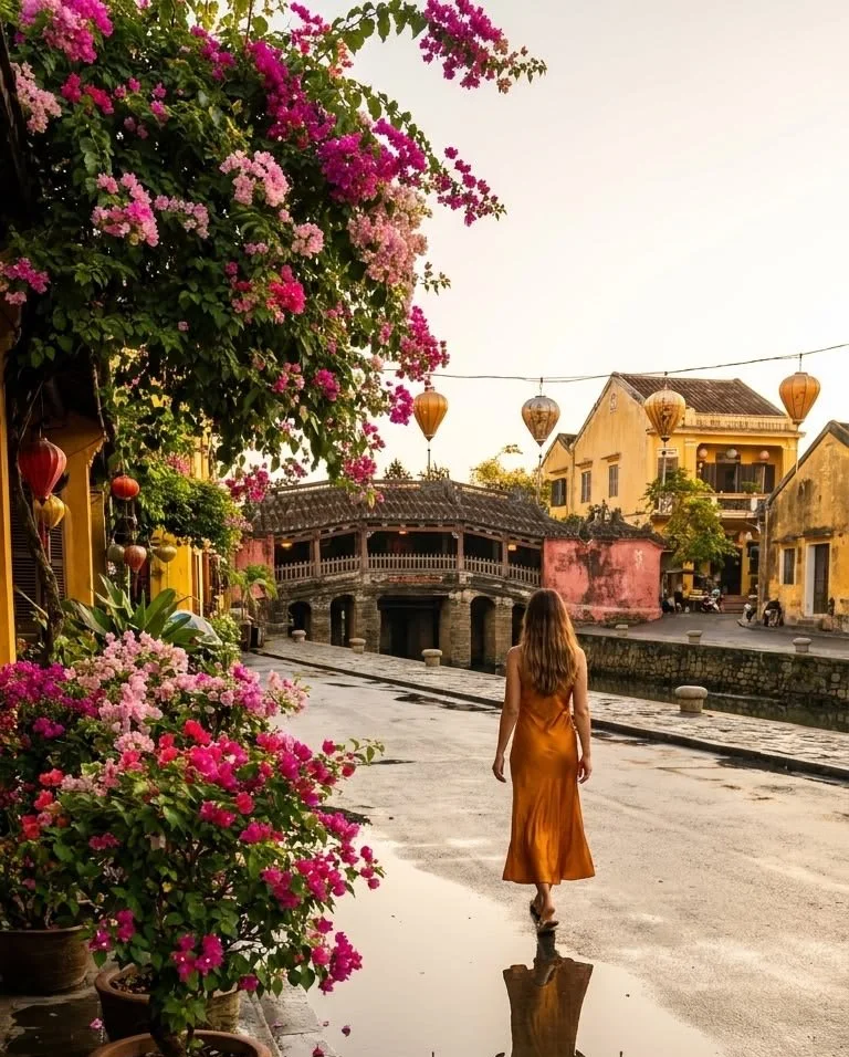 A woman in a long orange dress walking along a street decorated with colorful flowers and lanterns in an Asian town during sunset.