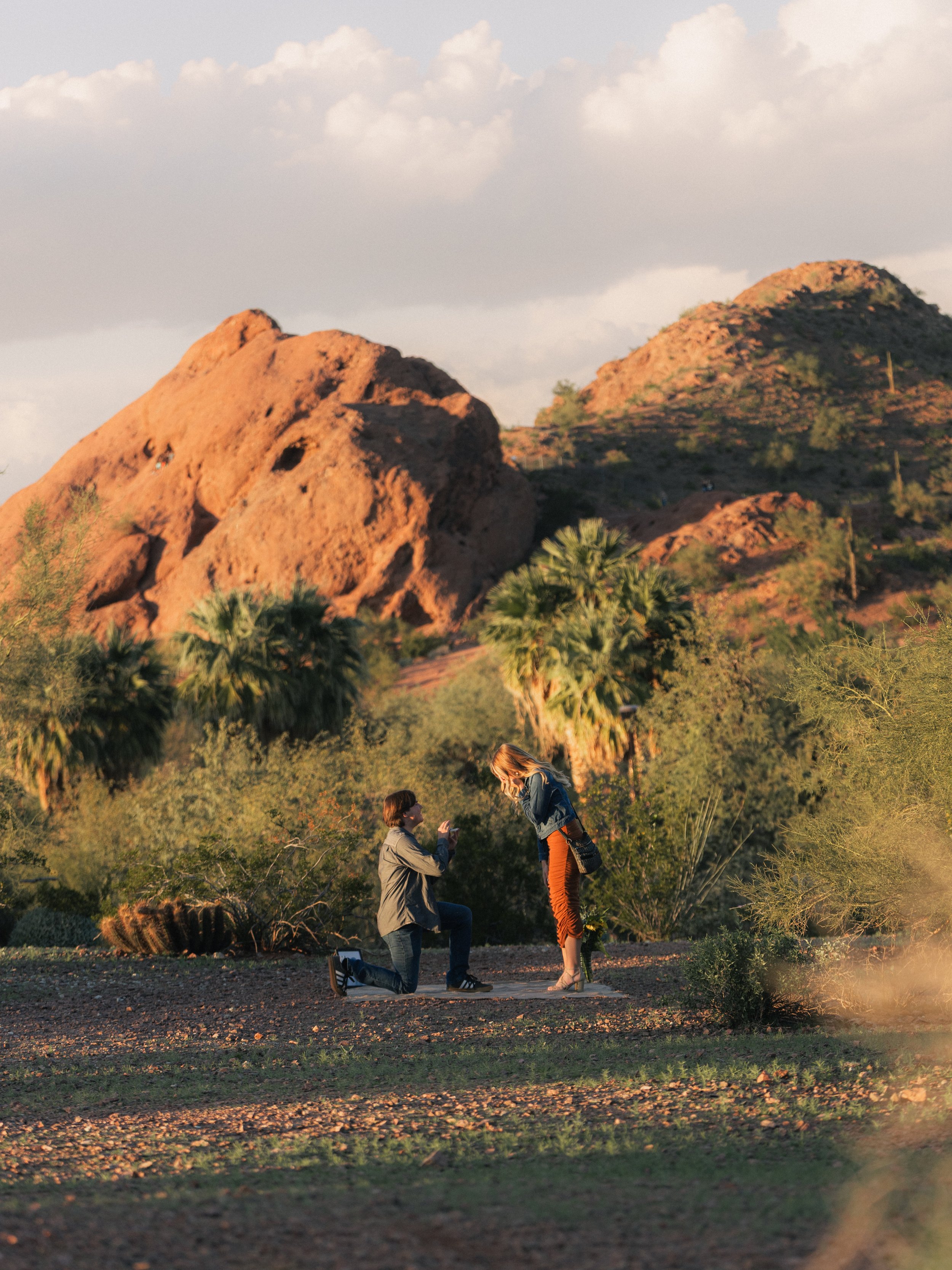A man is proposing marriage to a woman in a desert landscape with red rocks, green bushes, and a cloudy sky.