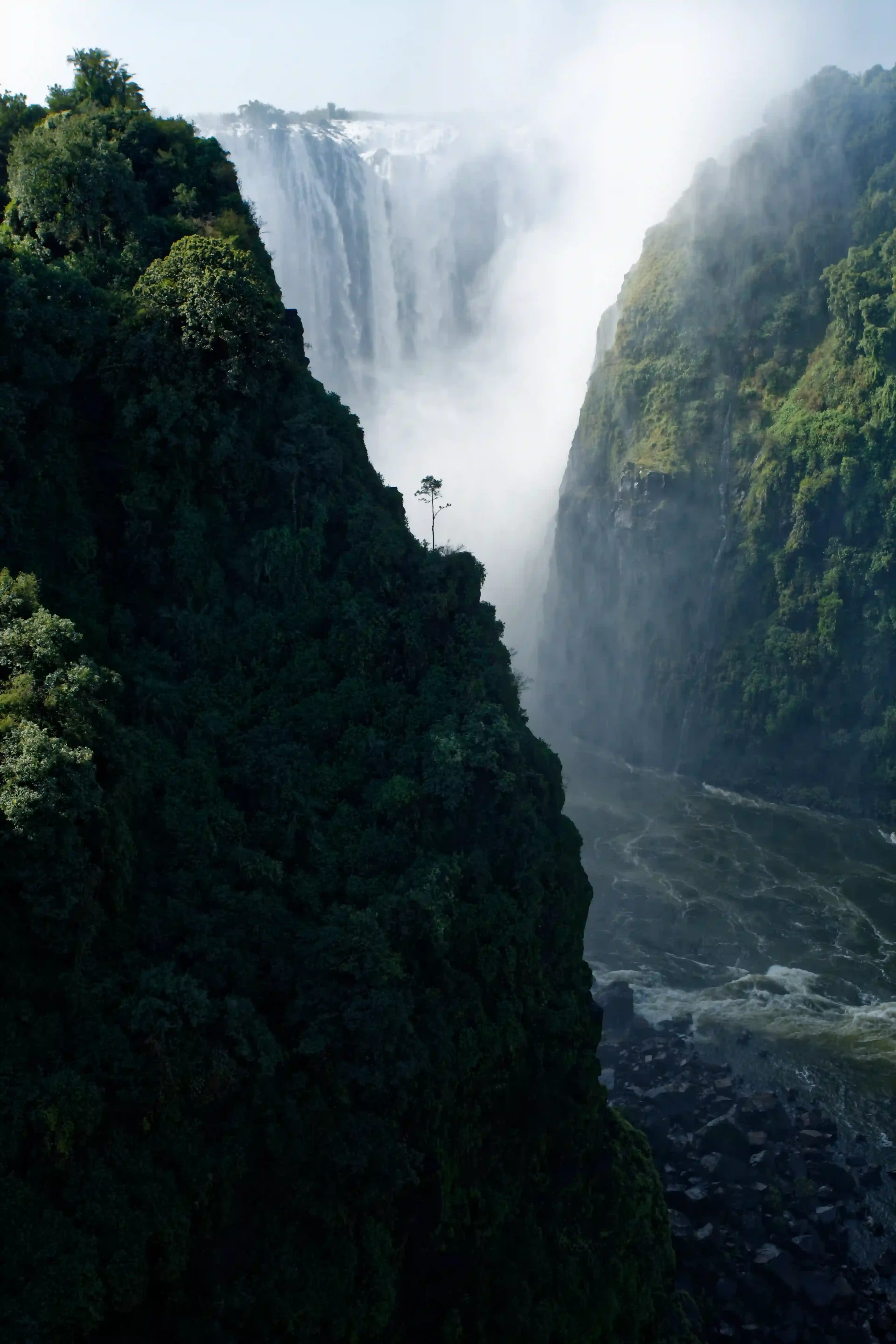 View of victoria Falls with cascading waterfalls surrounded by lush green forest and a clear blue sky.