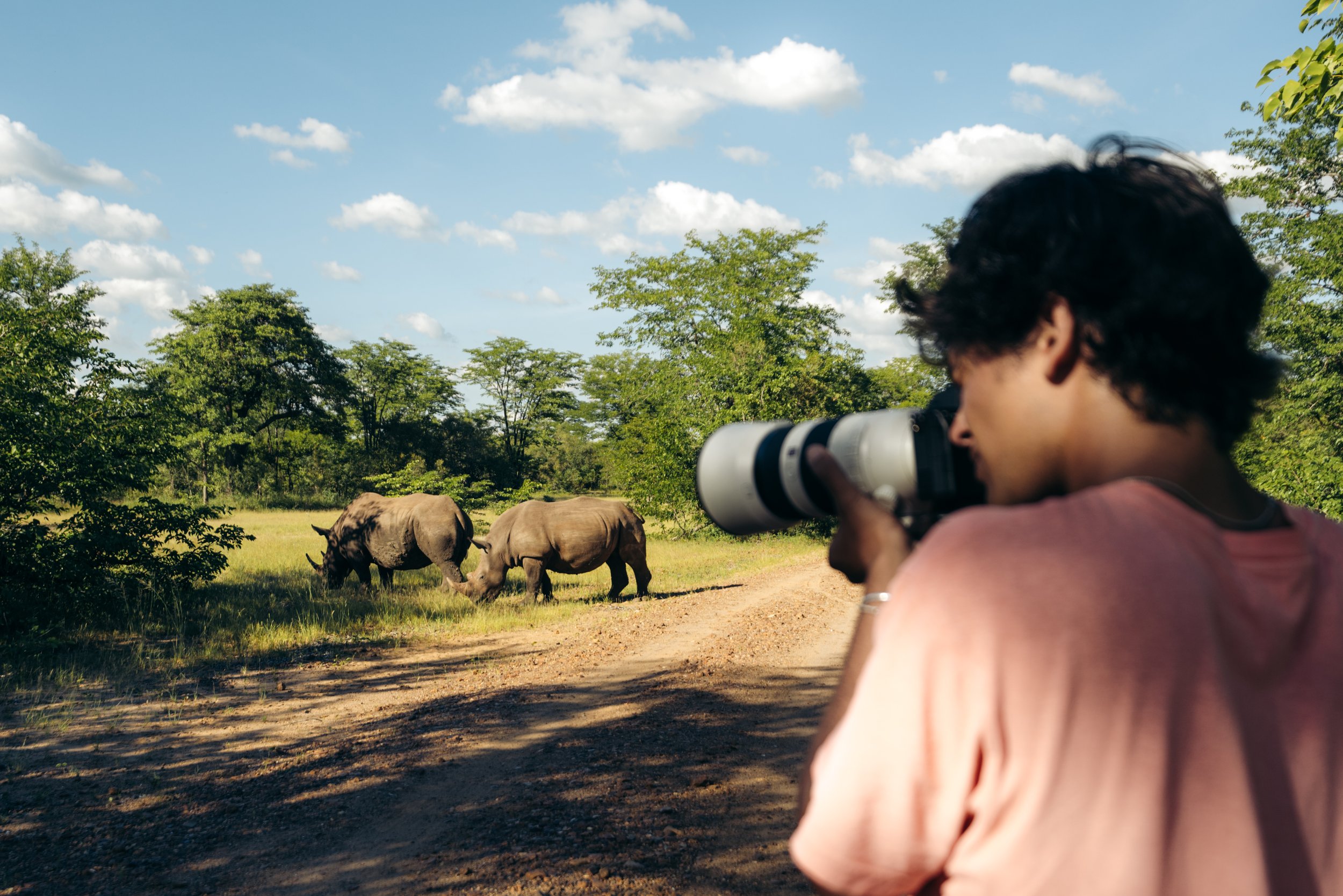 A person holding a camera and taking a photo of a group of rhinos in a grassy area with trees and a blue sky with clouds.