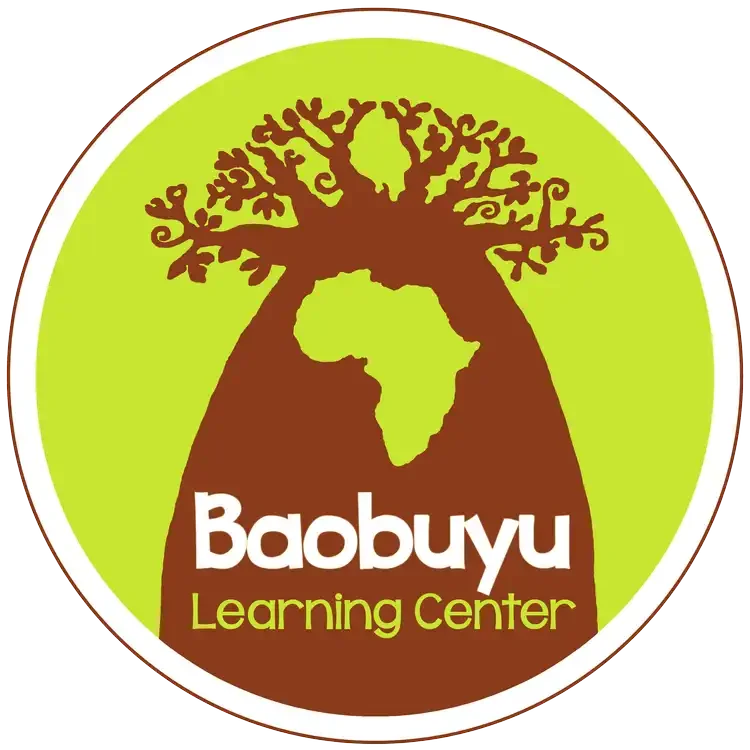 Logo for Baobuyu Learning Center featuring a stylized baobab tree with roots and branches forming the shape of the continent of Africa, in green, brown, and white colors.