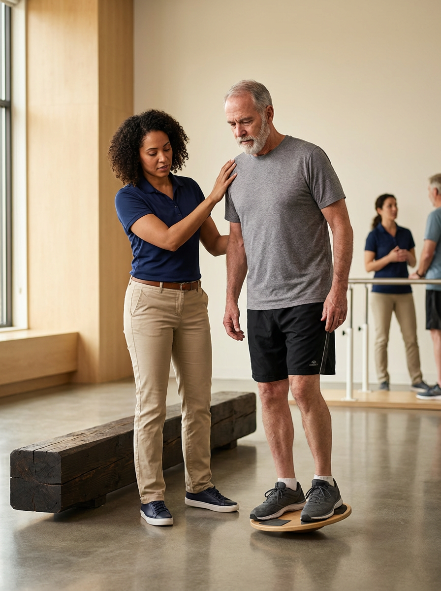 A physical therapy session with a young woman helping an elderly man balance on a wobble board in a rehab center.