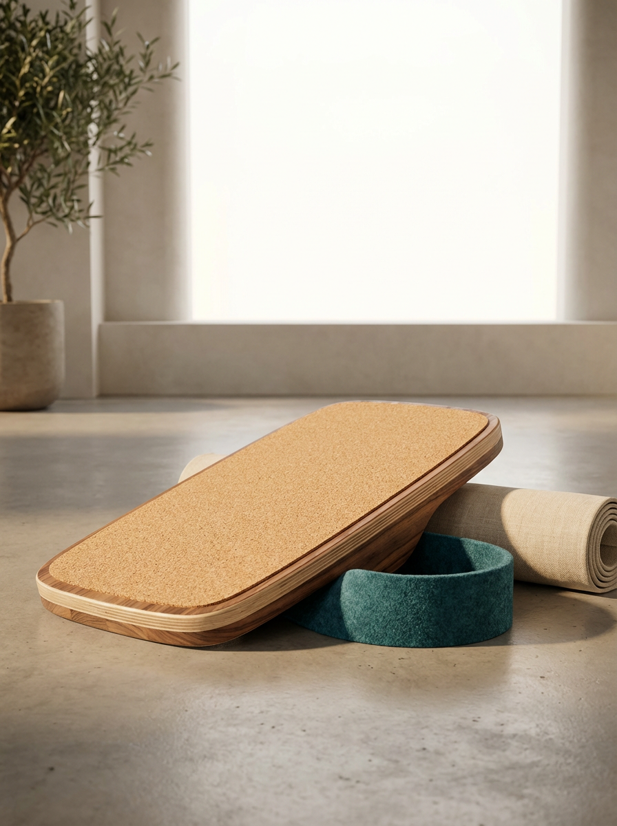 A wooden balance board with a textured surface, a rolled yoga mat, and a teal exercise ring in a bright, minimalist room with a potted plant in the background.