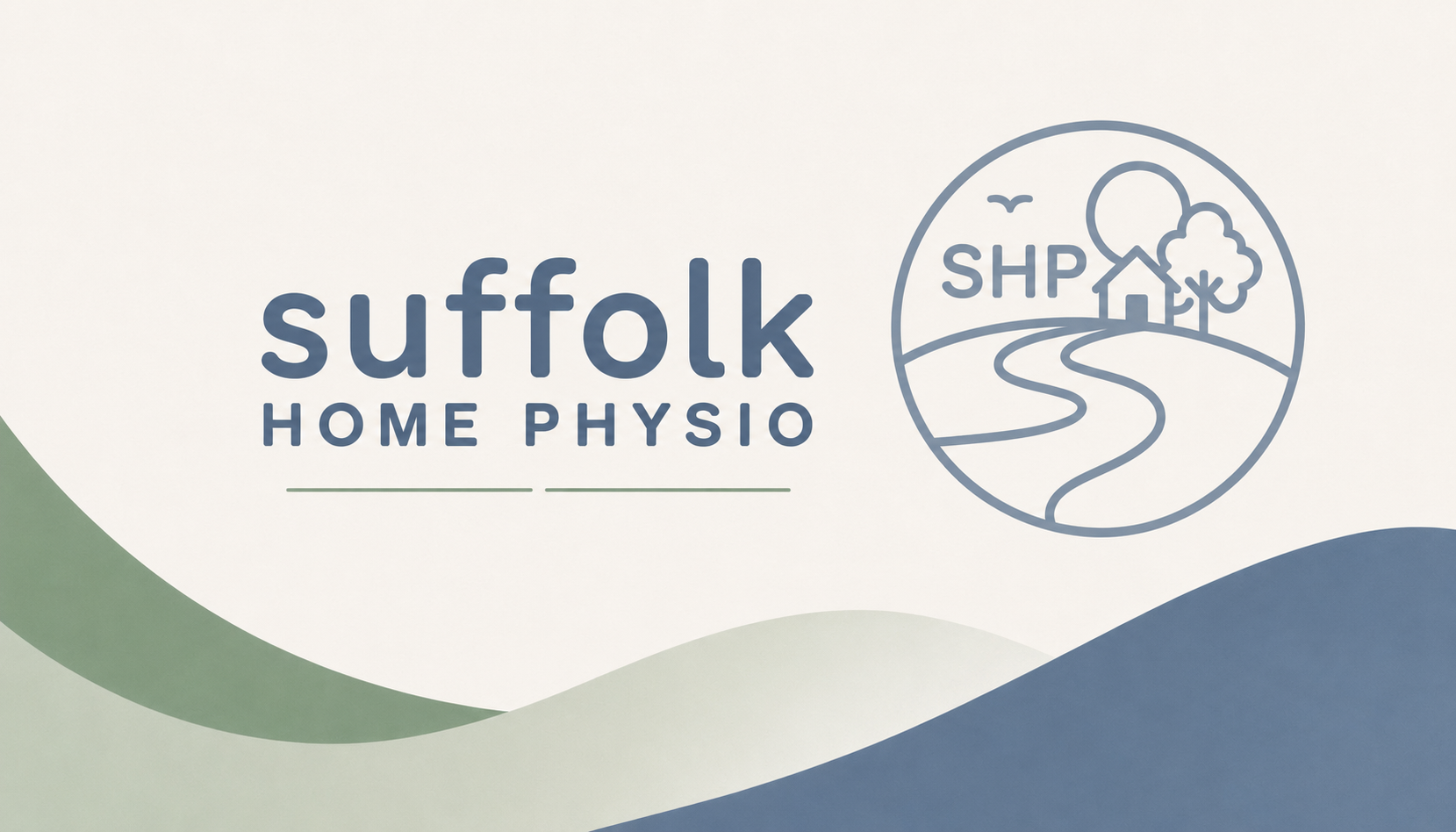 Suffolk Home Physio logo with a circular illustration of a house, trees, a river, and a sun.