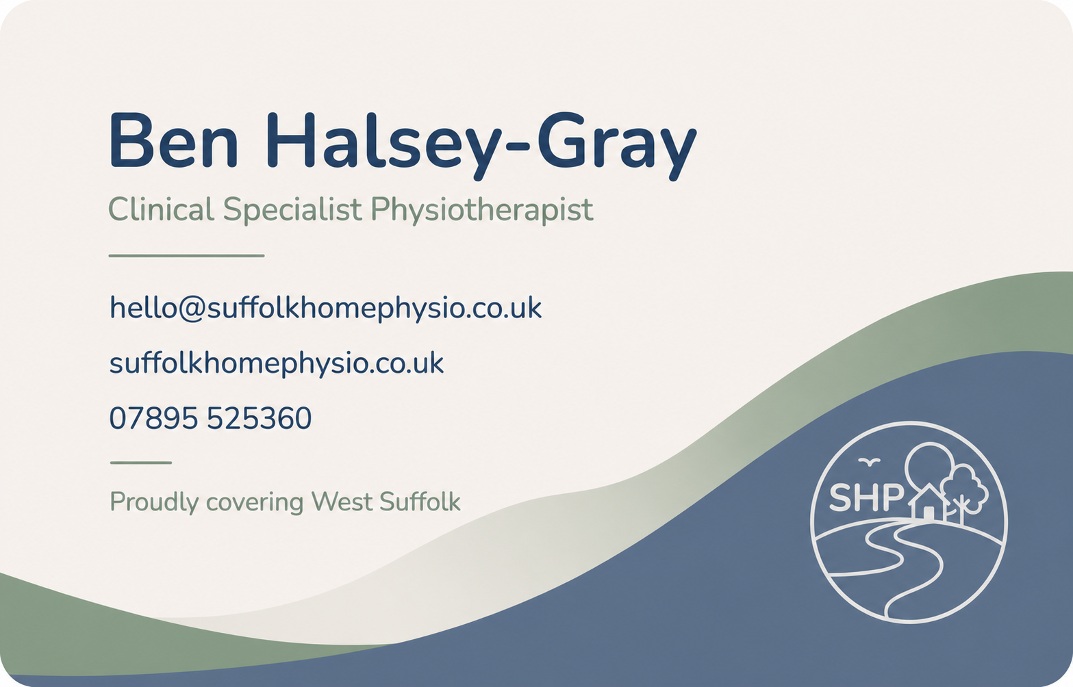 Business card for Ben Halsey-Gray, a clinical specialist physiotherapist with contact details and organization logo.