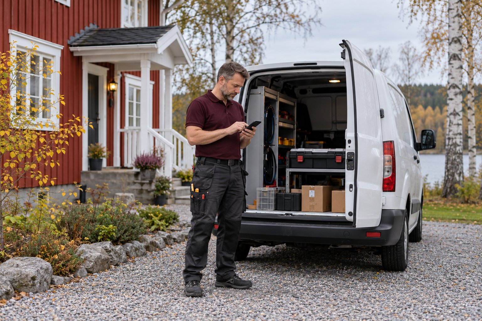 Tekniker i vinröd pikétröja rapporterar ett servicejobb på mobilen vid sin servicebil utanför en svensk villa.