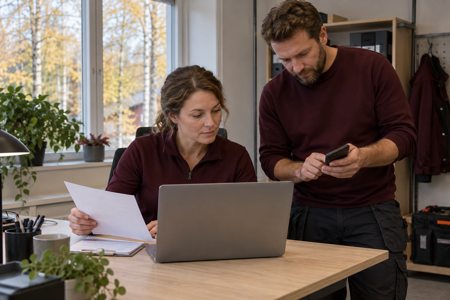 En koordinator och en tekniker i vinröd överdel jämför ett planeringsunderlag med dator och mobil på ett svenskt servicekontor.