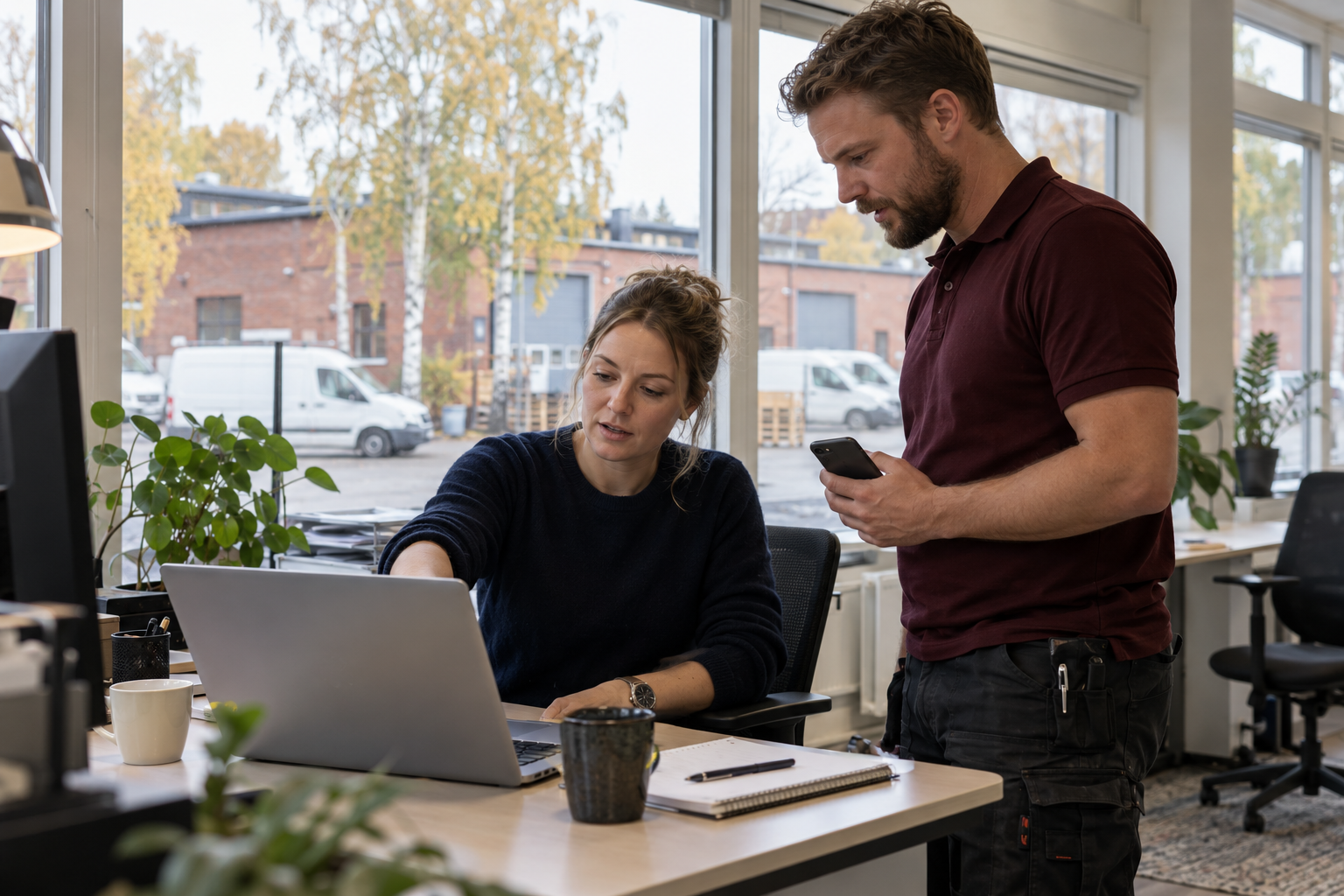 Koordinator och tekniker i vinröd pikétröja planerar servicebesök på ett svenskt serviceföretags kontor.