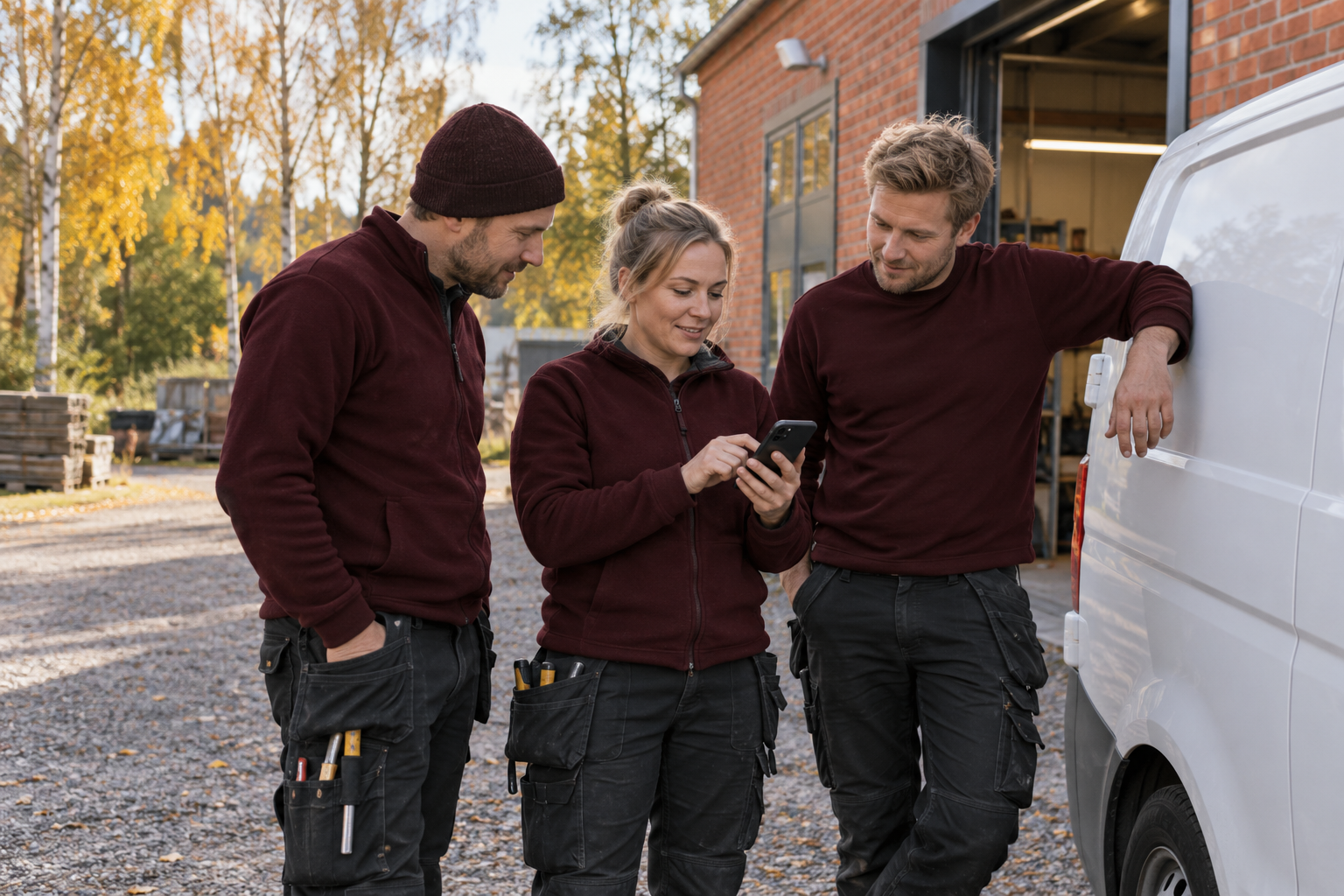 Ett mindre svenskt serviceteam planerar dagens uppdrag vid en servicebil, med tekniker i vinröda överdelar.