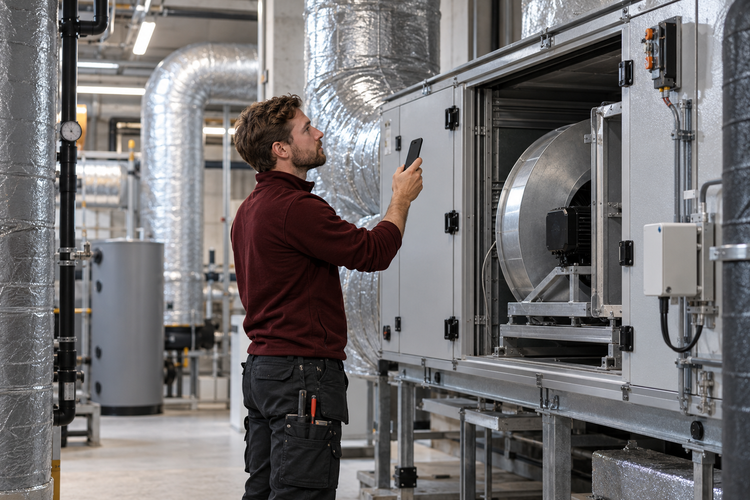 Tekniker i vinröd överdel kontrollerar ett ventilationsaggregat med mobilen i ett svenskt teknikrum.