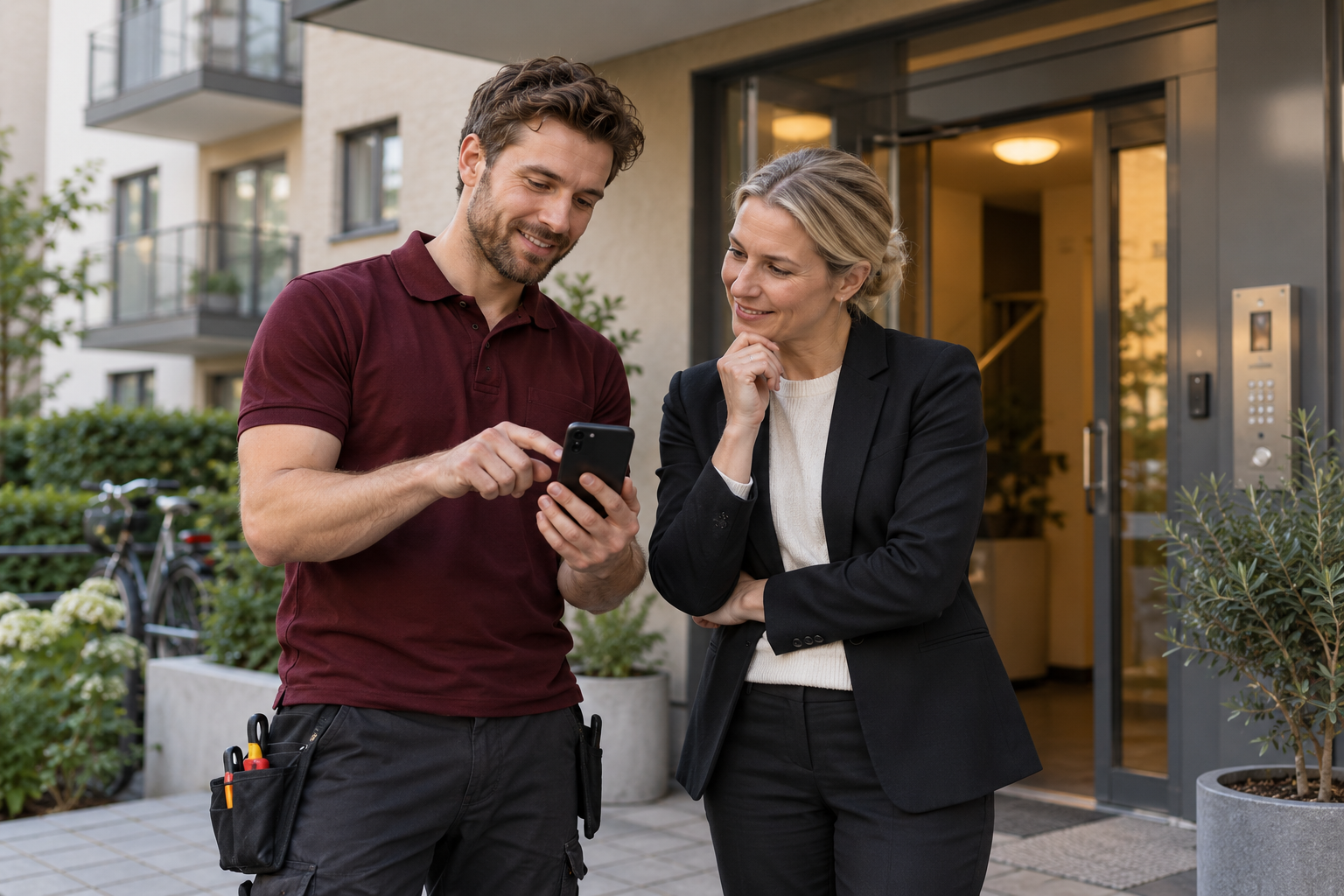 Tekniker i vinröd pikétröja visar serviceunderlaget på en mobil för en fastighetsrepresentant vid ett svenskt flerbostadshus.