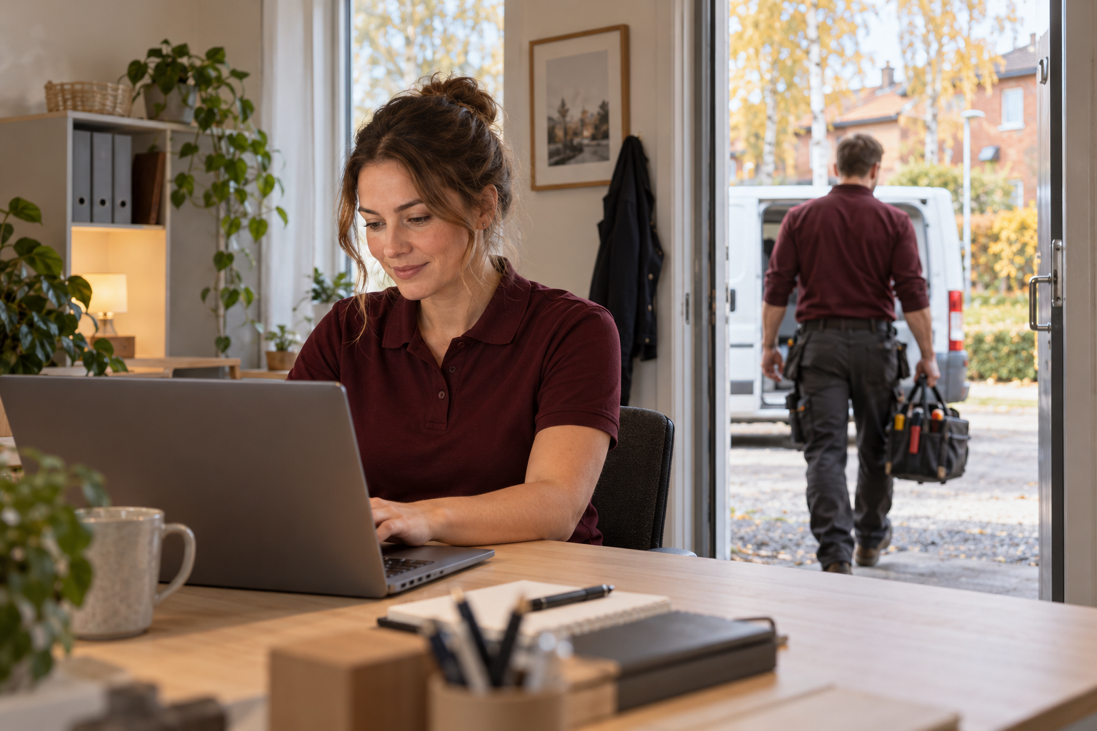 Koordinator i vinröd pikétröja arbetar vid datorn medan en tekniker går ut med verktyg från ett svenskt servicekontor.