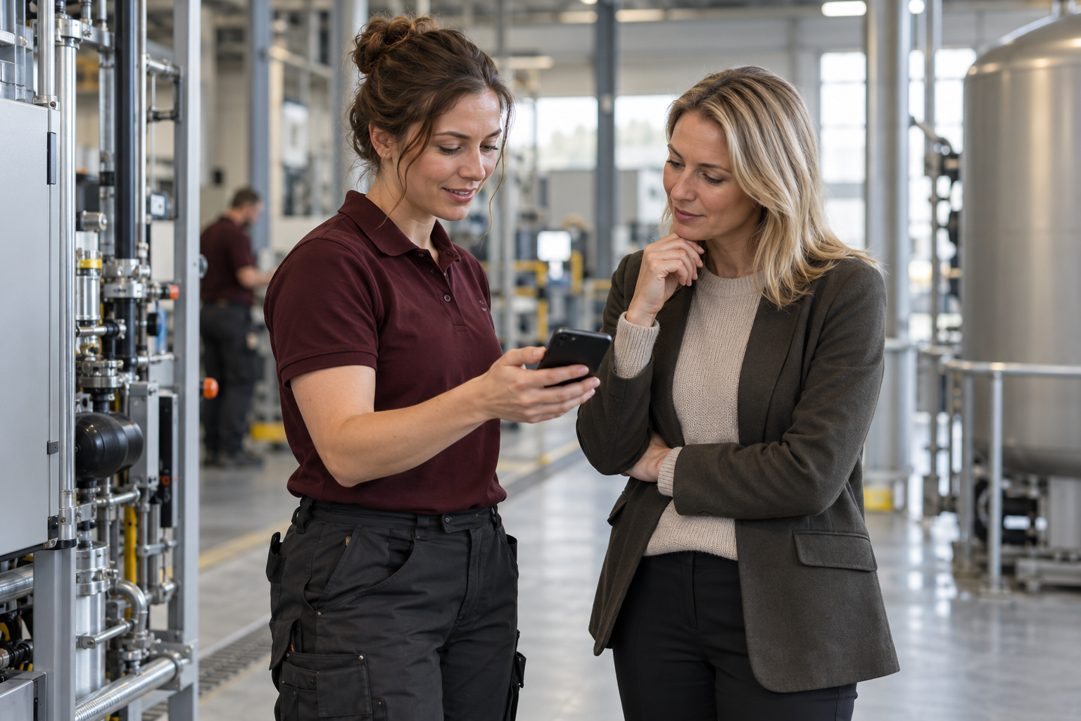 Tekniker i vinröd pikétröja visar ett digitalt serviceunderlag för en kundrepresentant i en svensk industrilokal.