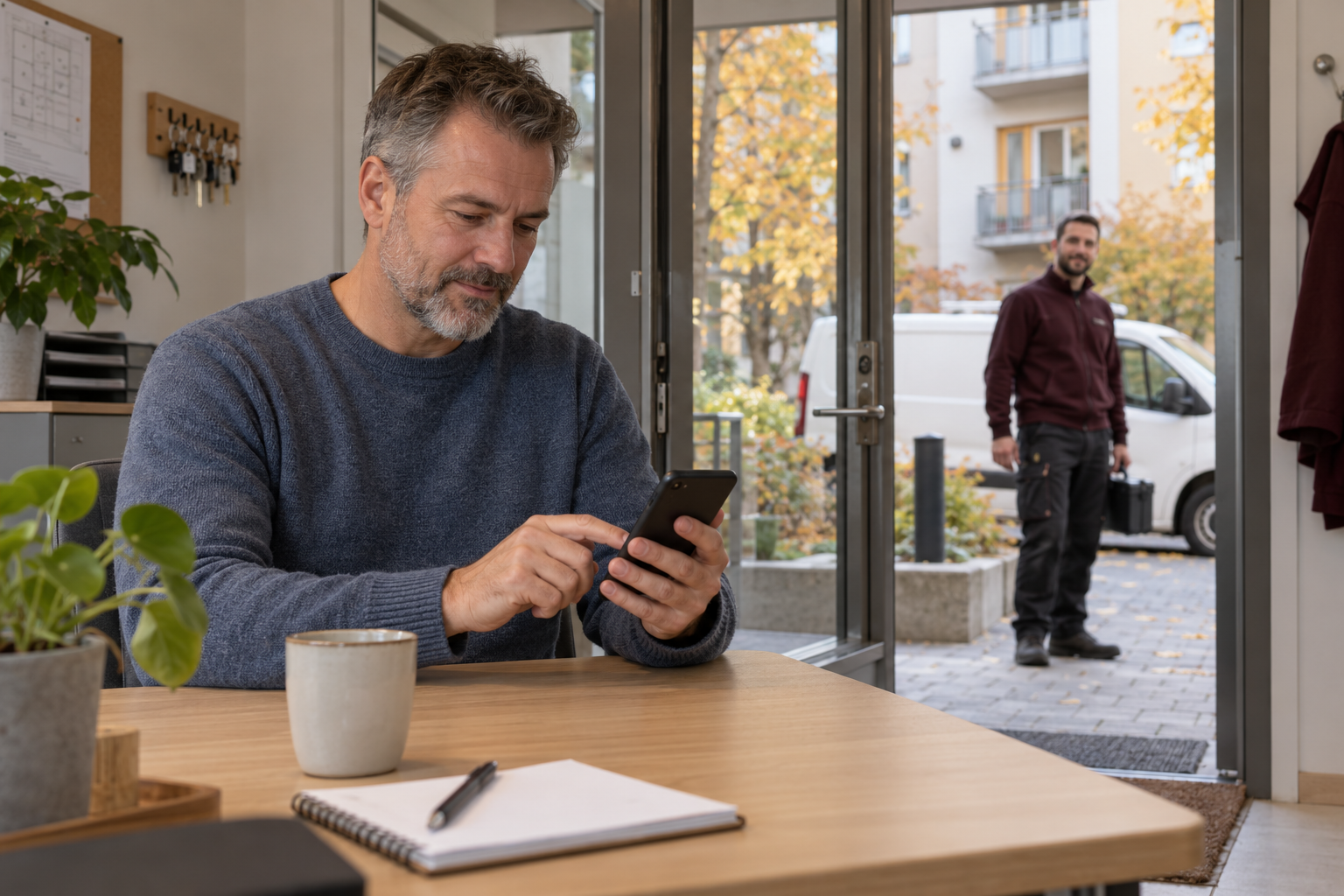 En fastighetsskötare väljer ett tidsförslag på mobilen i en svensk fastighetsmiljö medan en tekniker i vinröd överdel syns utanför.