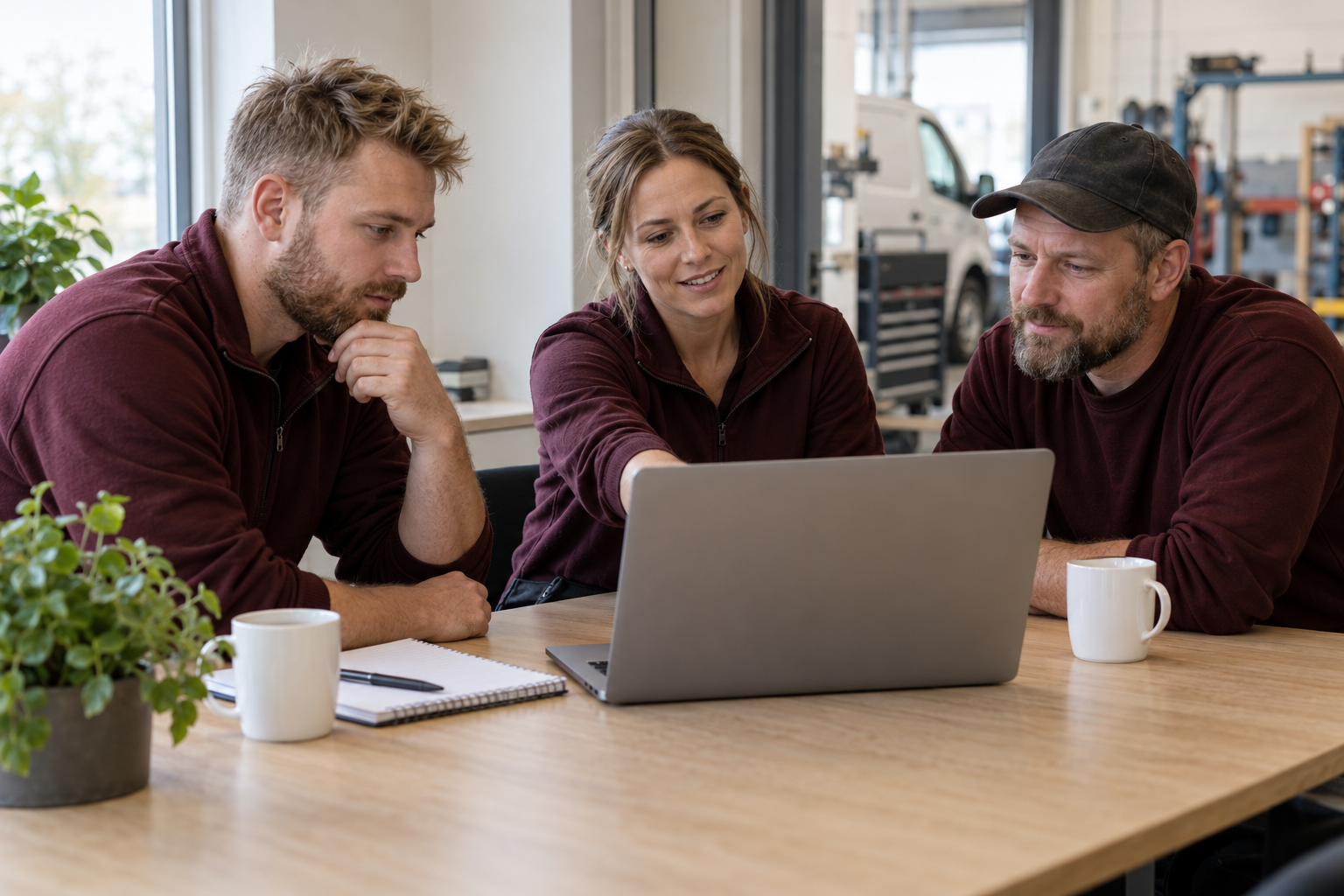 En koordinator och två tekniker i vinröda överdelar går igenom ett nytt arbetssätt vid en dator på ett svenskt servicekontor.