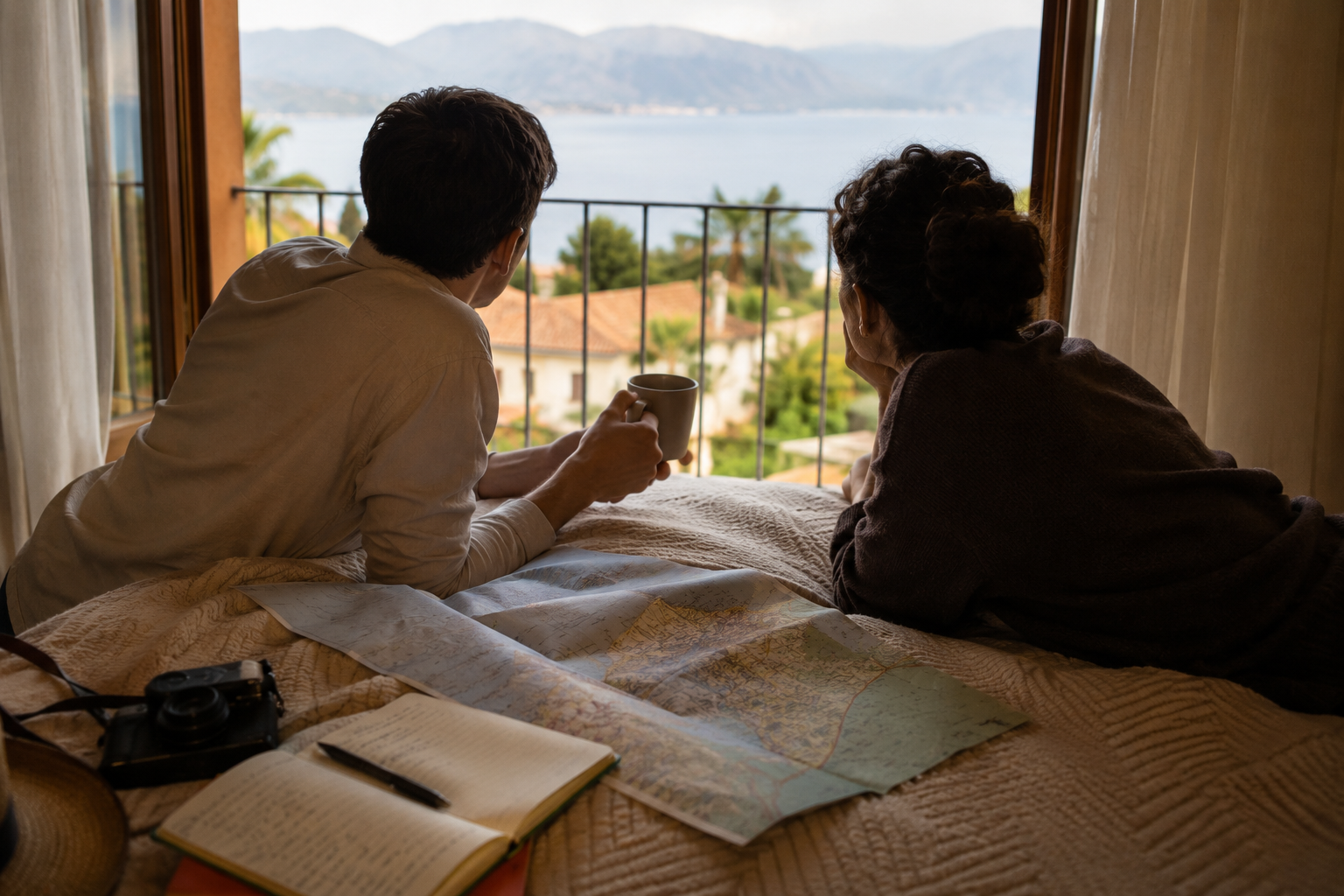 Two people, sitting on a bed and looking out of a window at a scenic view that includes mountains, trees, and a body of water.