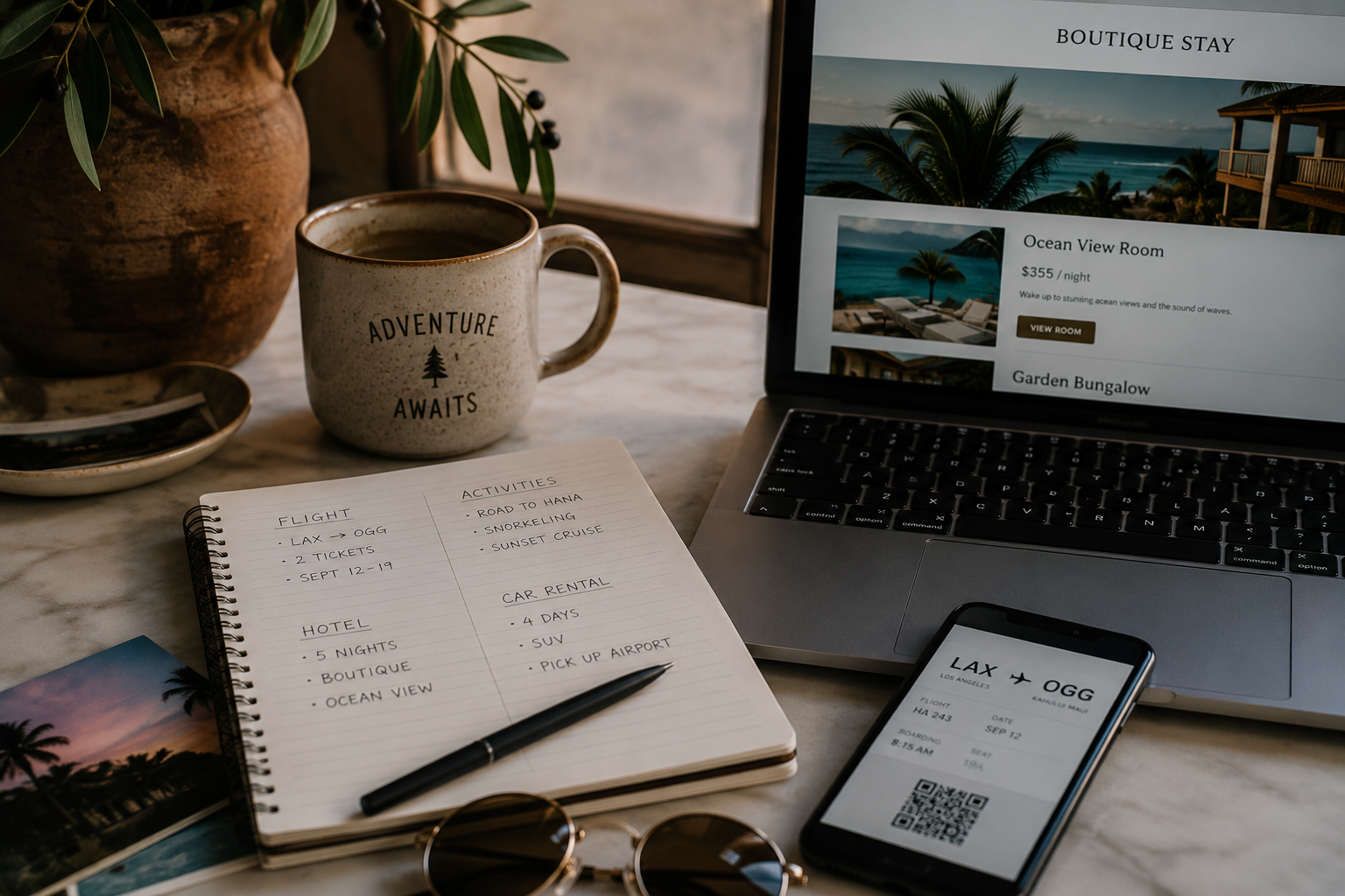 Travel planning items on a table include a laptop showing a booking website for an ocean view room, a smartphone displaying flight details, and a photograph of palm trees at sunset.