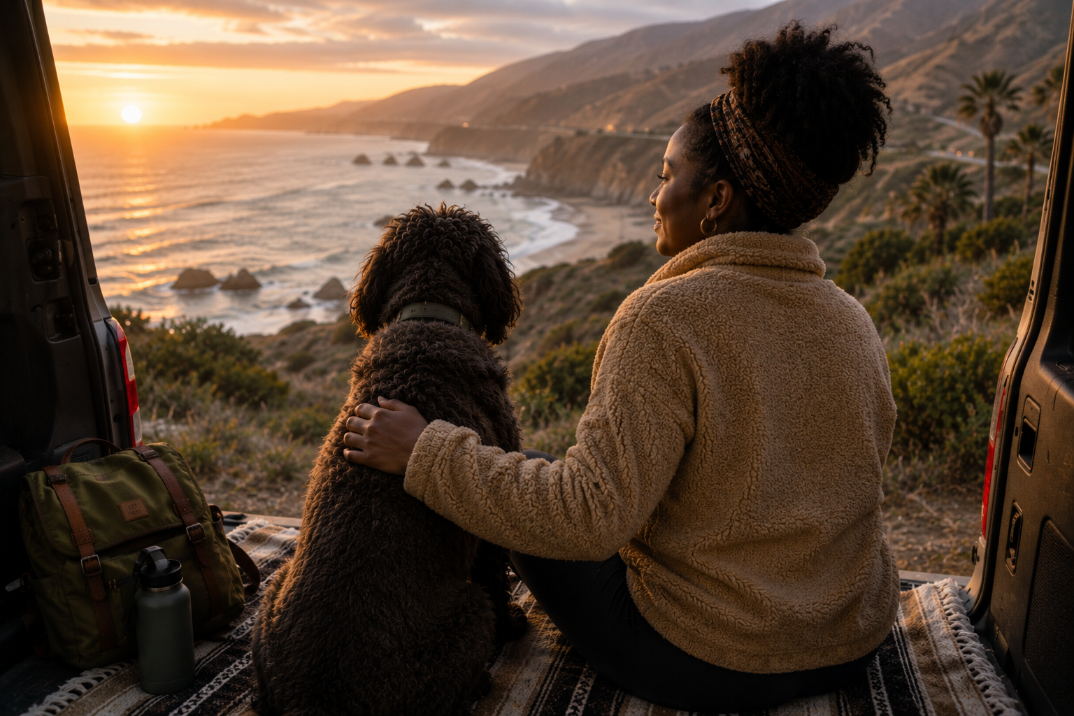 A woman and her dog sit together at the back of a vehicle, watching the sunset over a rugged coastline with mountains and palm trees in the distance.