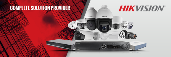 Hikvision security camera system with multiple cameras, a digital video recorder, and a monitor displayed on a red and gray background.