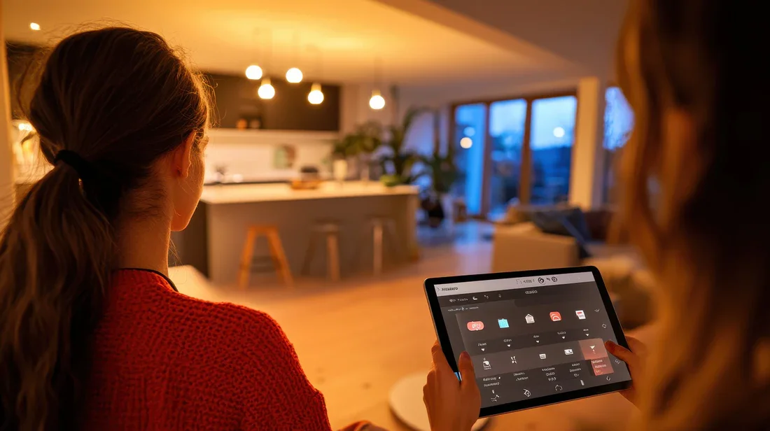 Two women sitting in a cozy, modern living room at dusk, one using a tablet to control smart home devices, with kitchen and large windows in the background.