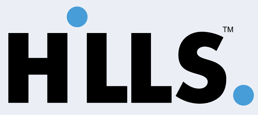 Logo with bold black letters spelling 'HILLS' and two blue dots, one above the 'I' and one at the end of the word.