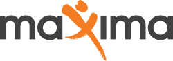Logo of Maxima with a stylized orange person running above the text