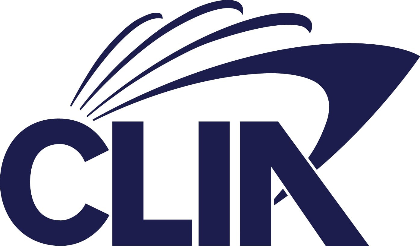 Logo with the word "CLIK" in bold navy blue letters and a stylized open book or wave above it.