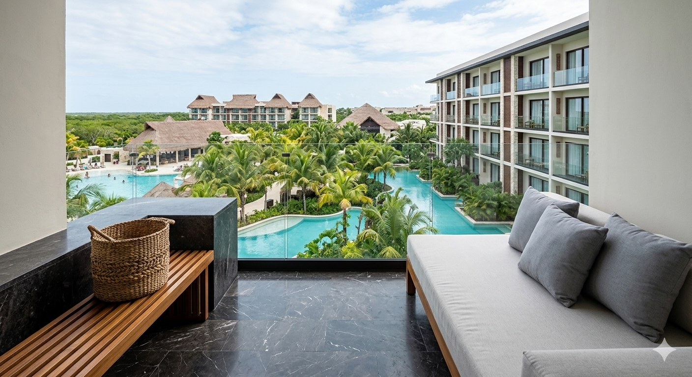 View from a balcony overlooking a resort pool surrounded by tropical palm trees and multi-story buildings.