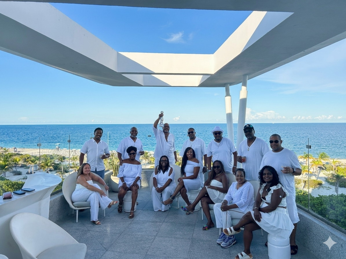 A group of fifteen people in white clothing enjoying a beachside gathering on a balcony with glass railings, overlooking the ocean under a partly cloudy sky.