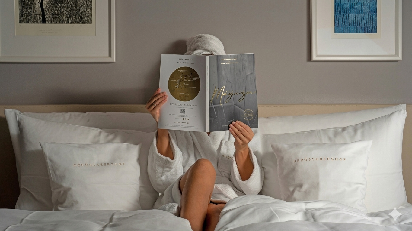 Person in a bathrobe reading a magazine on a bed in a hotel room, with framed artwork on the wall behind.