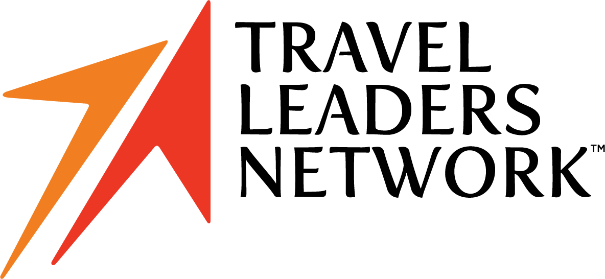 The logo of Travel Leaders Network, featuring an orange and red stylized arrow pointing upwards to the left, with black text next to it.