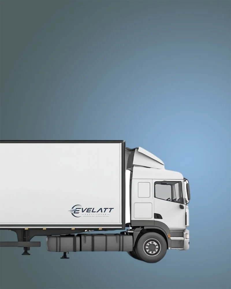 Side view of a white delivery truck with a blank cargo container and the Evelatt logo on it, set against a blue-gray background.