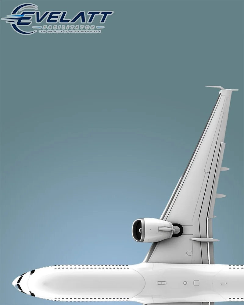 A modern commercial airplane seen from above, showing the right wing and aircraft engine, with a blue sky background and the EVELATT logo in the top left corner.