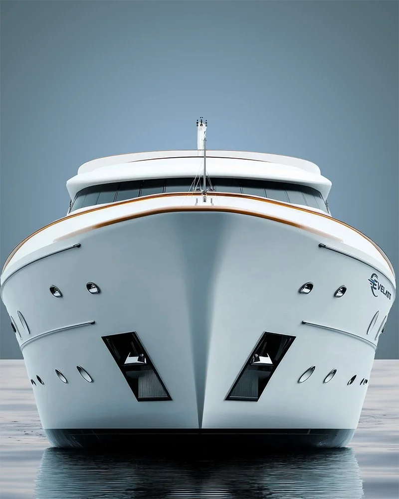 Close-up of the front of a large white yacht on calm water.