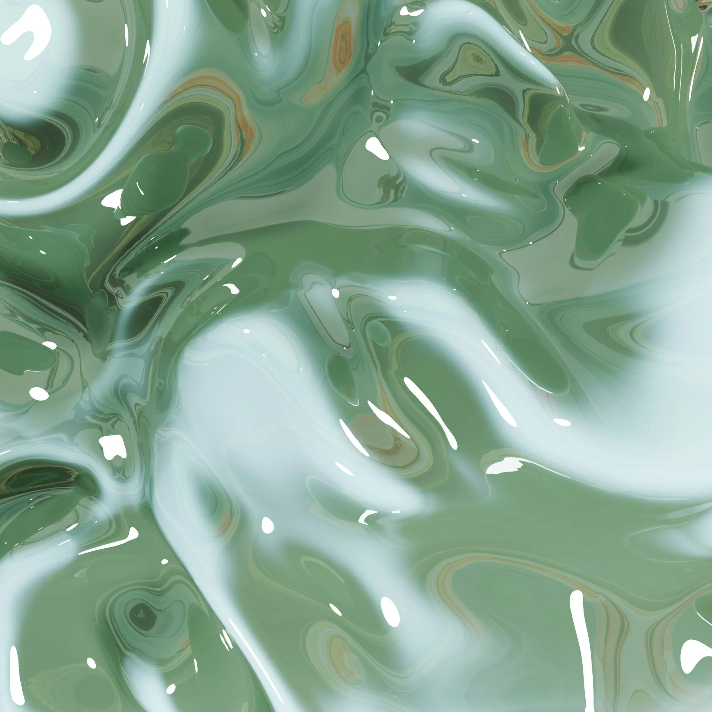 Abstract swirling pattern in shades of green with touches of yellow and white, resembling liquid or marbled design.