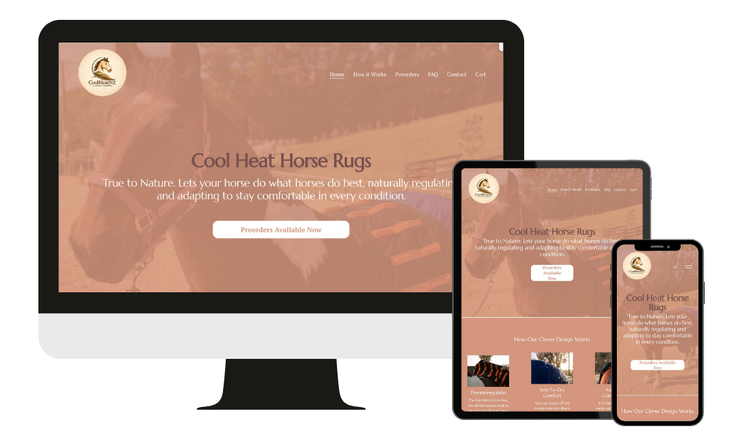 Screenshot of a website for Cool Heat Horse Rugs displayed on a desktop computer, tablet, and smartphone. The website features a background image of a horse and text about horse rugs that regulate temperature and provide comfort.