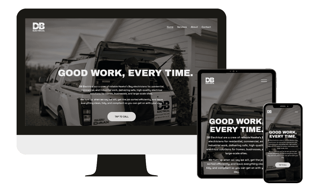 Responsive website displayed on a desktop, tablet, and smartphone for DB Electrical, an electrical services company.