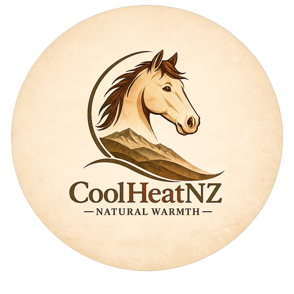 Cool Heat NZ Logo featuring a horse's head with mountains on a beige background.