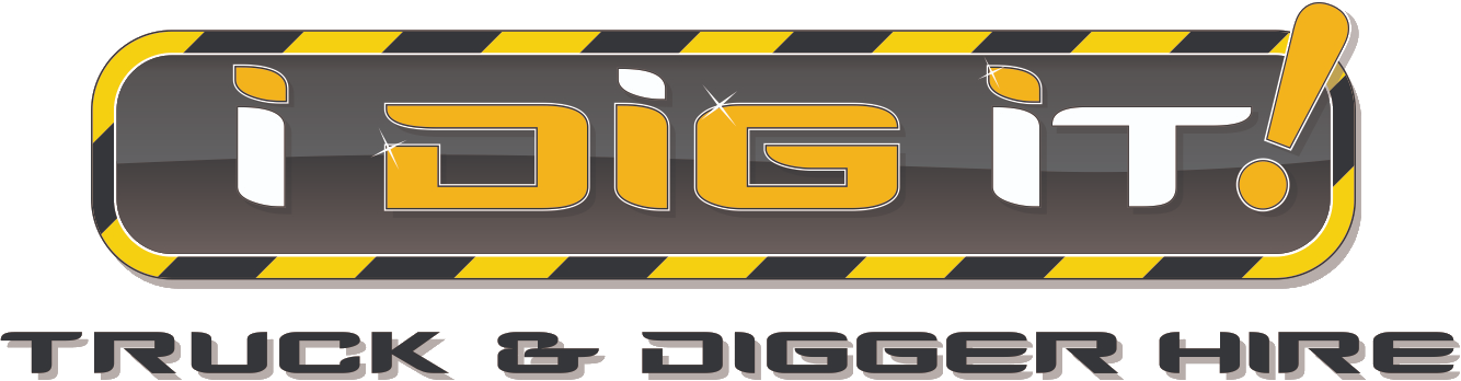 Black, white and yellow I Dig It logo in a construction theme, with the words truck and digger hire underneath.