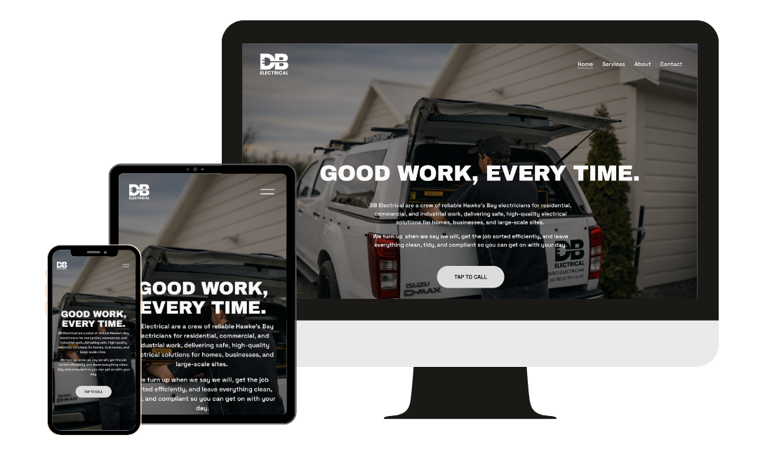 DB Electrical Website designed and built by Innerbloom Studio Web Designer in Hawke's Bay displayed on an iPhone, iPad and iMac