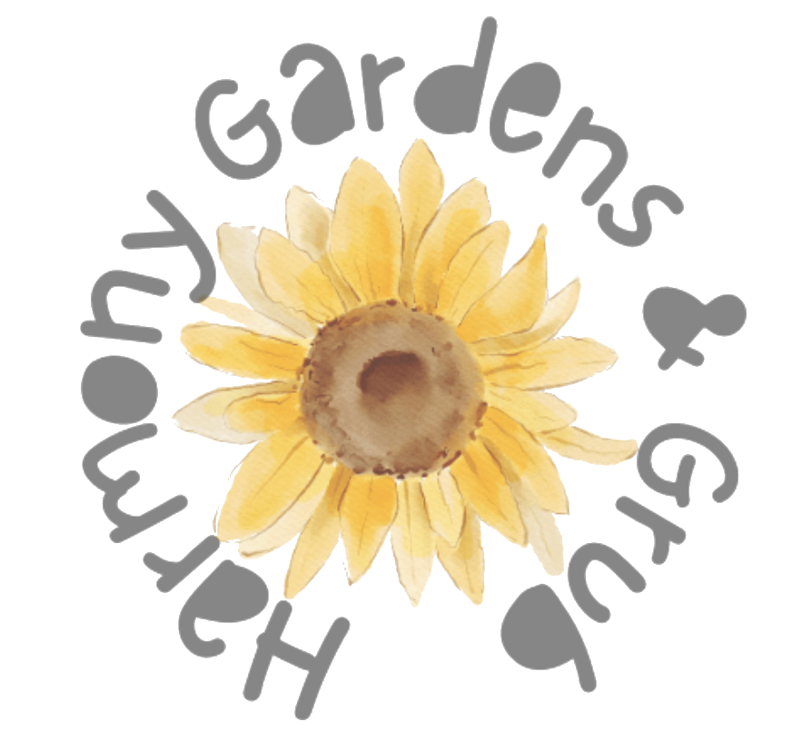 Harmony Gardens & Grub Logo featuring a yellow hand drawn sunflower with the words Harmony Gardens & Grub in grey text forming a circle around the outside.