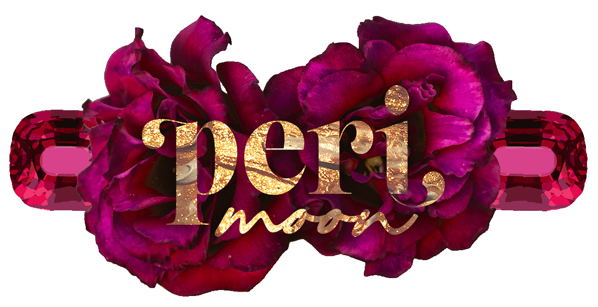 Peri Moon Logo featuring crimson deocrative flowers and gems with the words Peri Moon overlaid in gold.