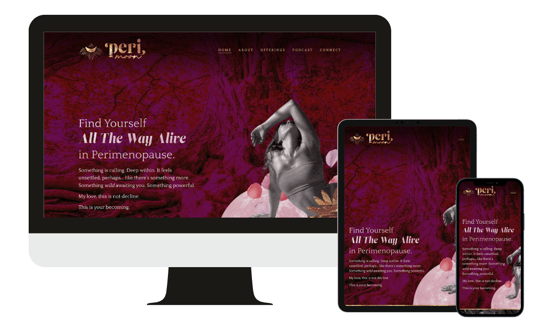 Website landing page with the title 'Find Yourself All The Way Alive in Perimenopause' and an image of a person in a dynamic pose with rose petals for the website Peri Moon.