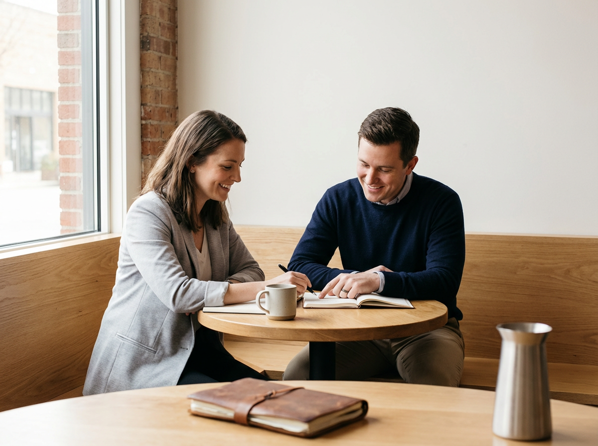 Two people, a woman and a man, sitting at a round wooden table, smiling and working together with notebooks and pens, near a large window with a brick wall outside.