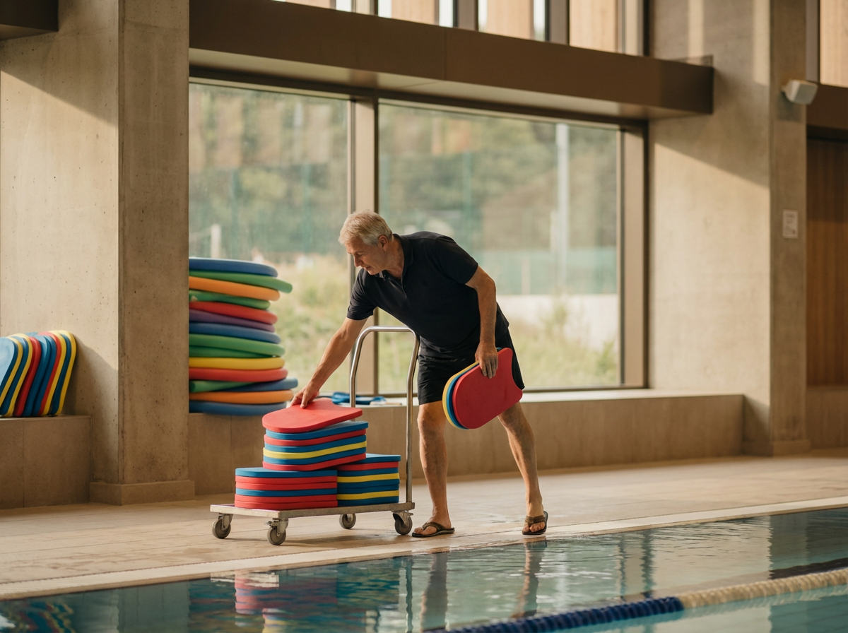 An older man in black shorts and a black polo shirt is placing colorful floating exercise mats onto a cart by an indoor swimming pool. The pool area has large windows and beige walls, with more mats stacked on a nearby ledge.