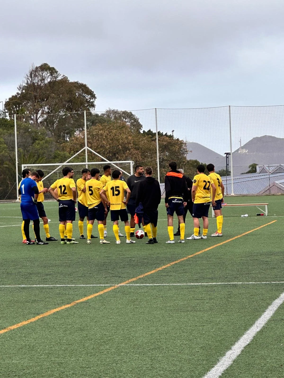 Soccer team in yellow jerseys and black shorts gathered on a field during a practice or game, with a coach giving instructions, under cloudy skies with trees and mountains in the background.