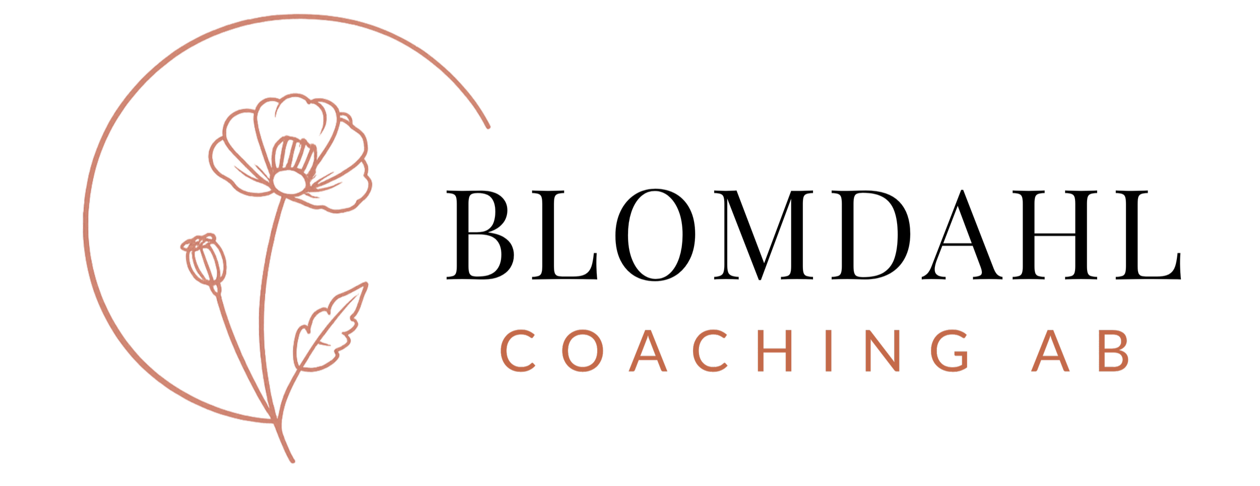 Line drawing of a poppy flower with a leaf, encircled by a thin line. To the right, text reads 'Blomdahl Coaching AB' in a minimalist font.