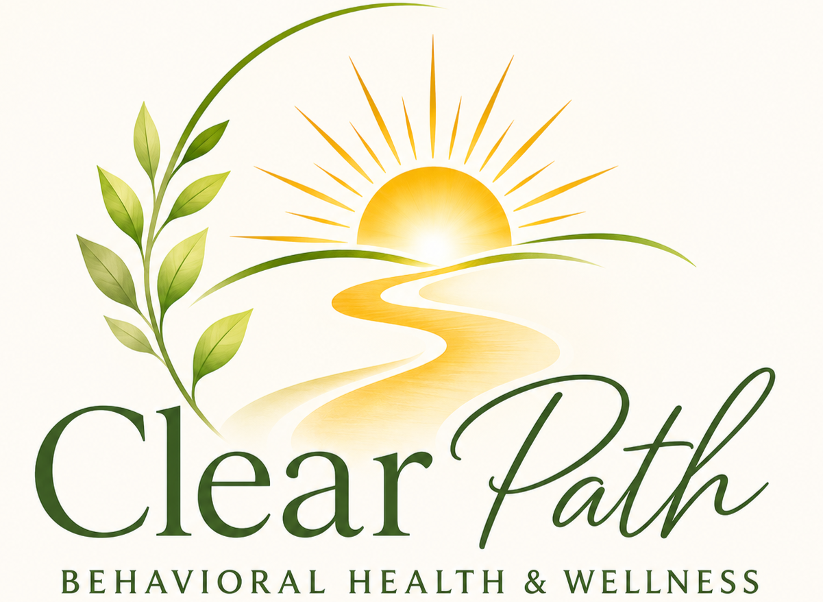 Logo for Clear Path Behavioral Health & Wellness featuring a green leafy branch, a winding yellow path, and a rising sun with rays.