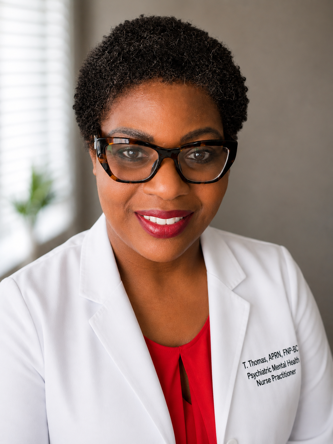 A professional woman with short, curly black hair and wearing glasses, red lipstick, and a white coat with a name tag, smiling in an indoor setting.