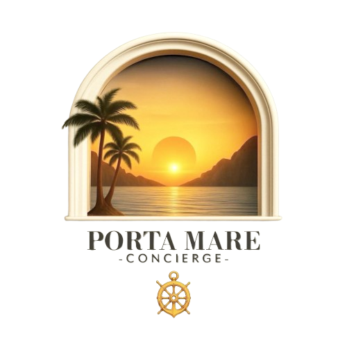 Sunset view of palm trees by the water, framed by an arched window with the words 'PORTA MARE' and 'CONCESSE' below, and a ship's wheel emblem.
